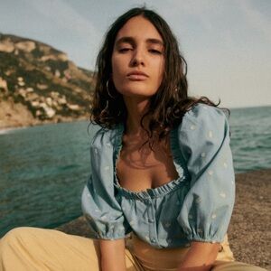 Sézane Kellia Light Denim Chambray Ruffle Embroidered Blouse - FR/34-US/2